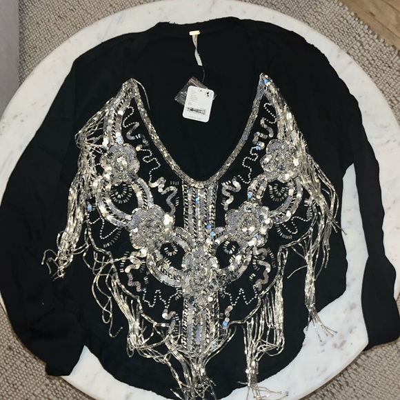 Free People Way Out Embellished Beaded Fringe Top xs - Picture 2 of 4